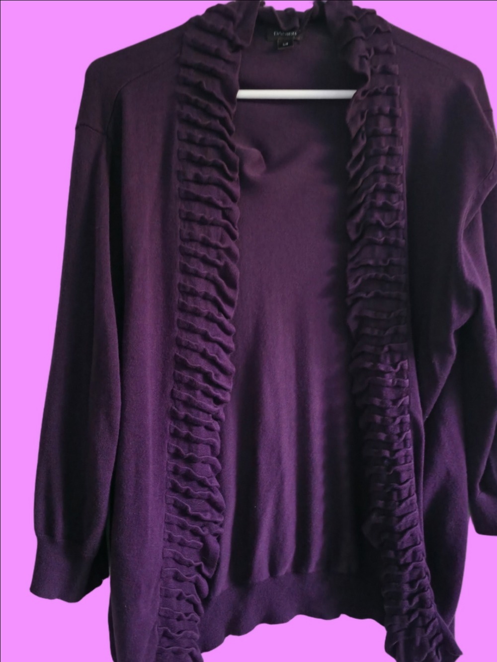 4/$67 Deal! Danier Vintage Deep Plum Ruffled Open-Front Cardigan